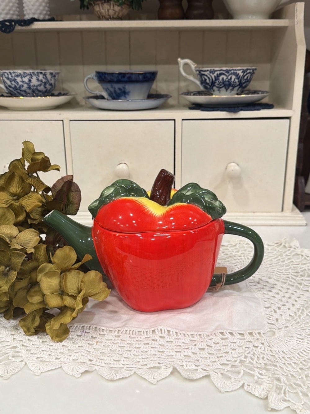 Red Apple Ceramic Teapot with Green Handle and Leaf Lid